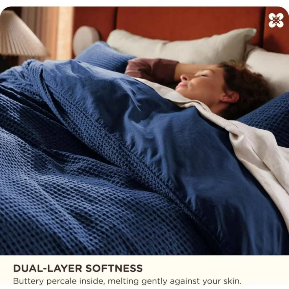 Bedsure Cotton Duvet Cover Set - 100% Cotton Waffle Weave Navy Duvet Cover King